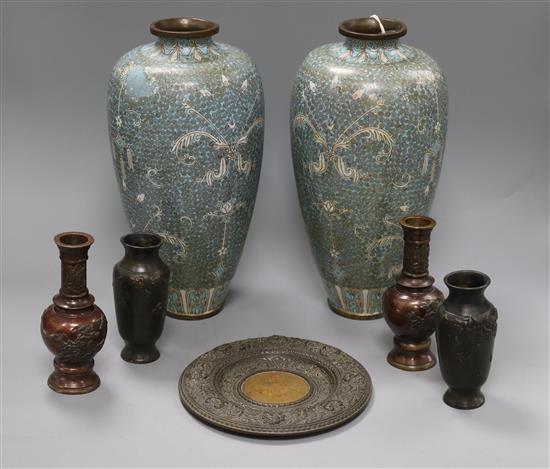 Four Japanese bronze vases, two cloisonne vases and a dish tallest 31cm